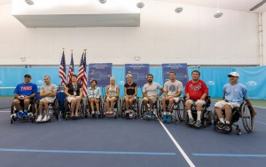 Photo by Michael A. Clubine Players unite at the draw for matches during the US Open. Pictured are (left to right) David Wagner, Andy Lapthorne, Sharon Walraven, Yui Kamiji, Jordanne Whiley, Sabine Ellerbrock, Michael Jeremiasz, Joachim Gerard, Nick Taylor, and Nate Melnyk.