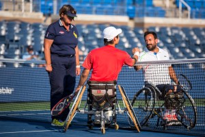 Photo by Michael A Clubine Shingo Kunieda (JPN) and Michael Jeremiasz (FRA) compete at the 2014 US Open in Wheelchair Men's Singles: Round 1.