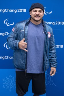 Defenseman Ralph DeQuebec posing for a photo in the Mixed Zone at The Patalympics Practices session on March 8, 2o18