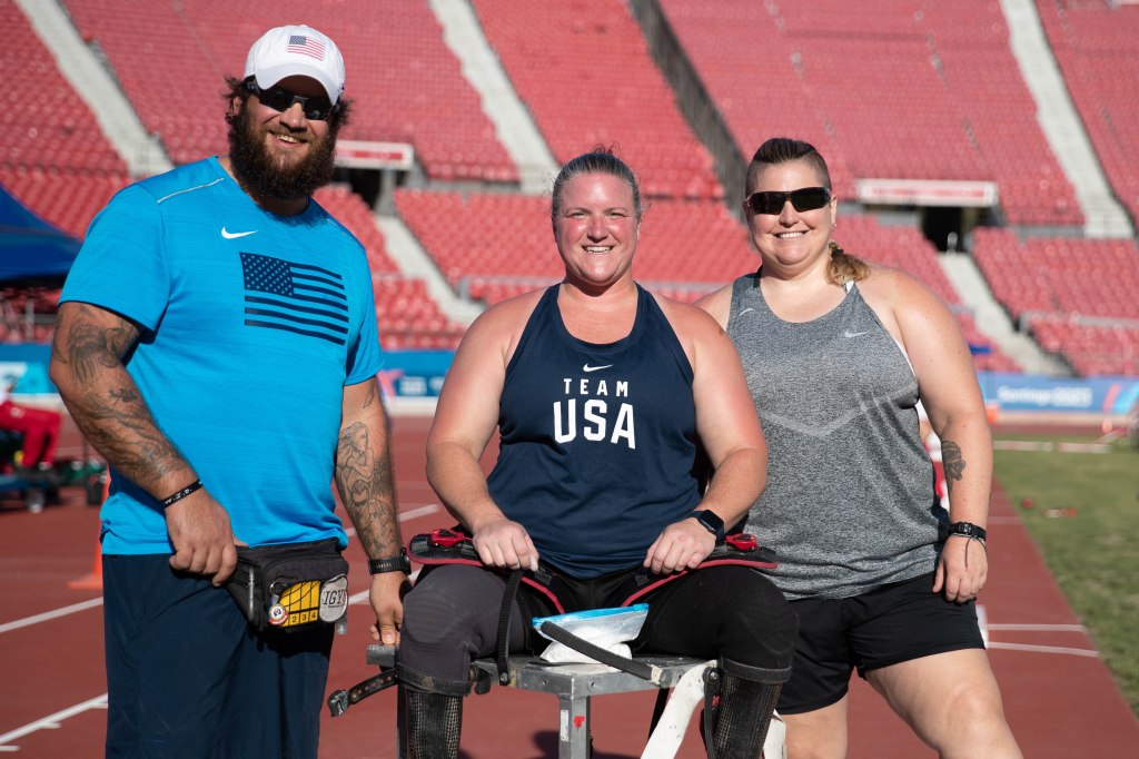 Christy Gardner smiles with Team USA members during a training session at the 2023 Parapan American Games in Santiago, Chile