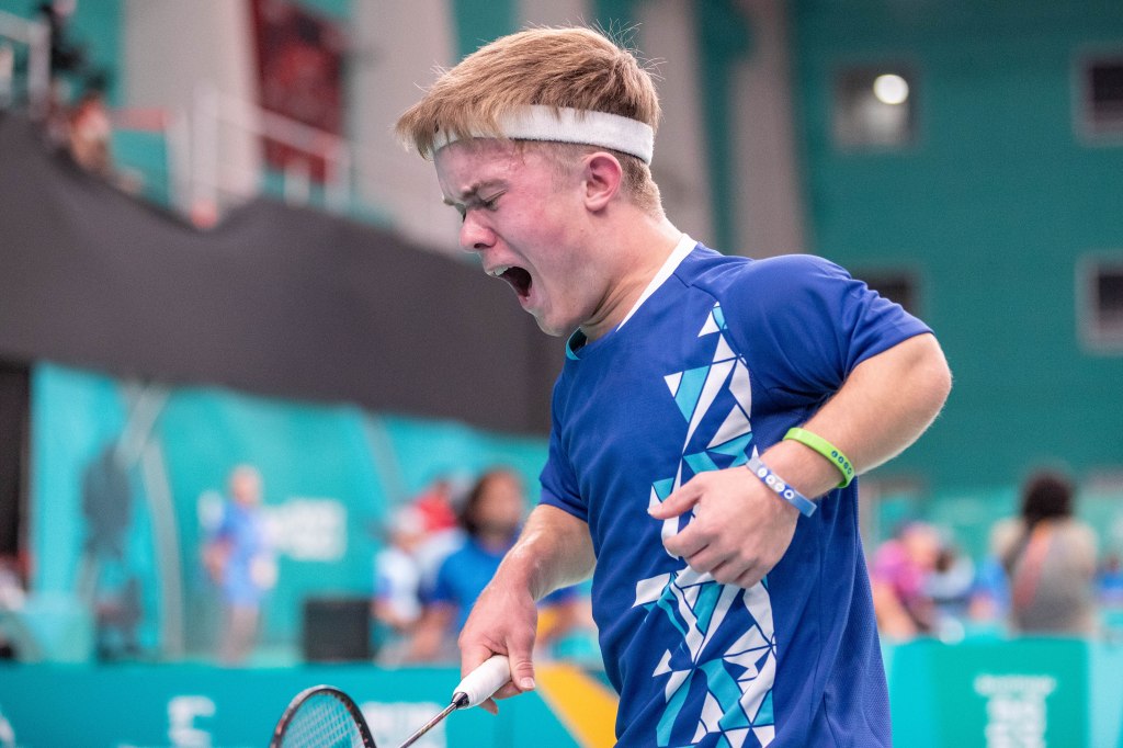 Miles Krajewski celebrates after earning a point. 