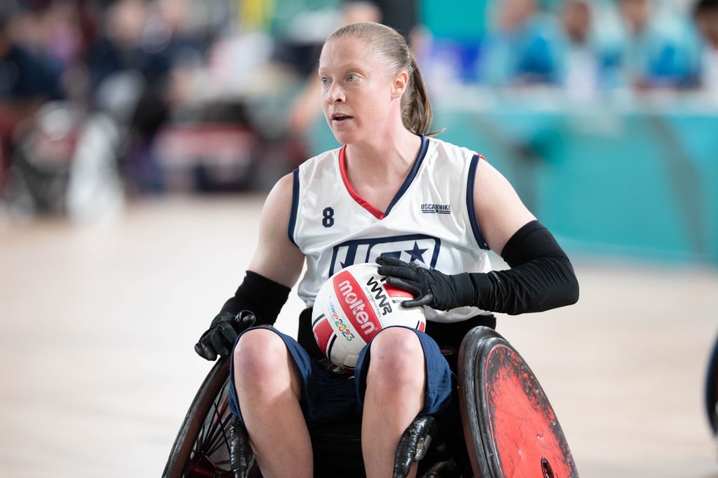 Sarah Adam possesses the ball in Team USA's match against Argentina. She scored 11 tries in the USA's 55-31 win.