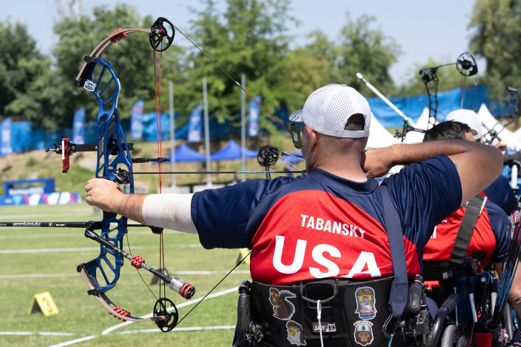 Jason Tabansky reels back the arrow with his eye on the target.